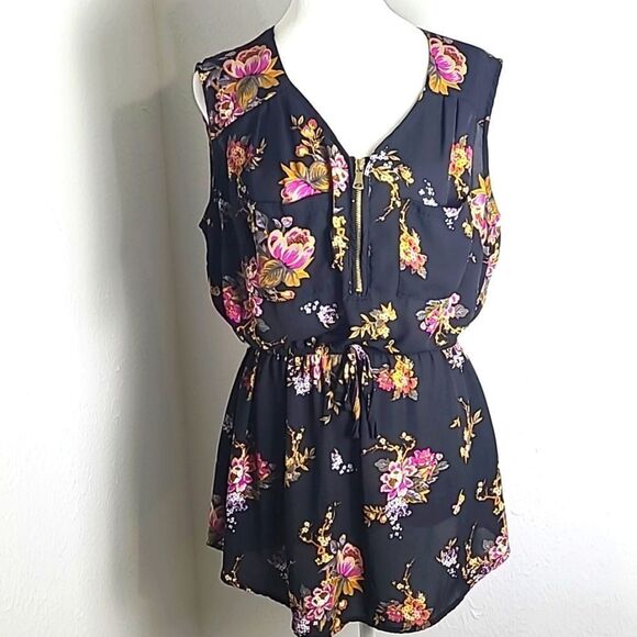Stella Tweed Black Floral Sleeveless Top, Zipper Front Elastic Waist w/Tie Sz 1X - Picture 1 of 8